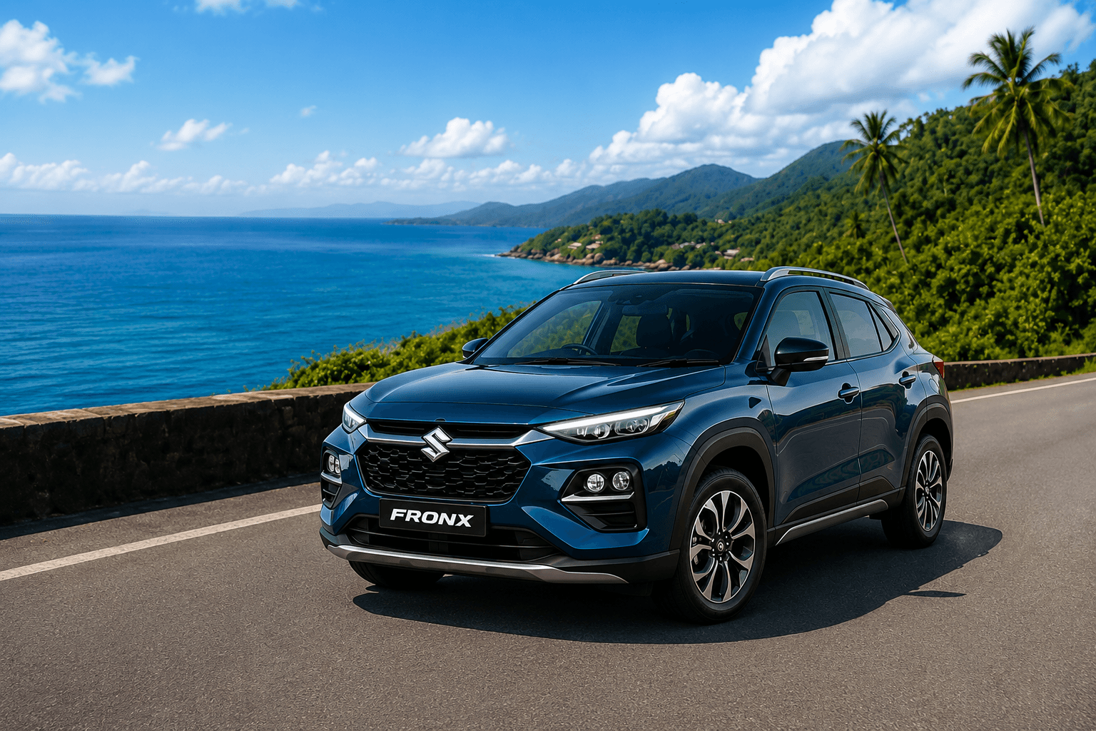 Car on a scenic coastal road in Praslin